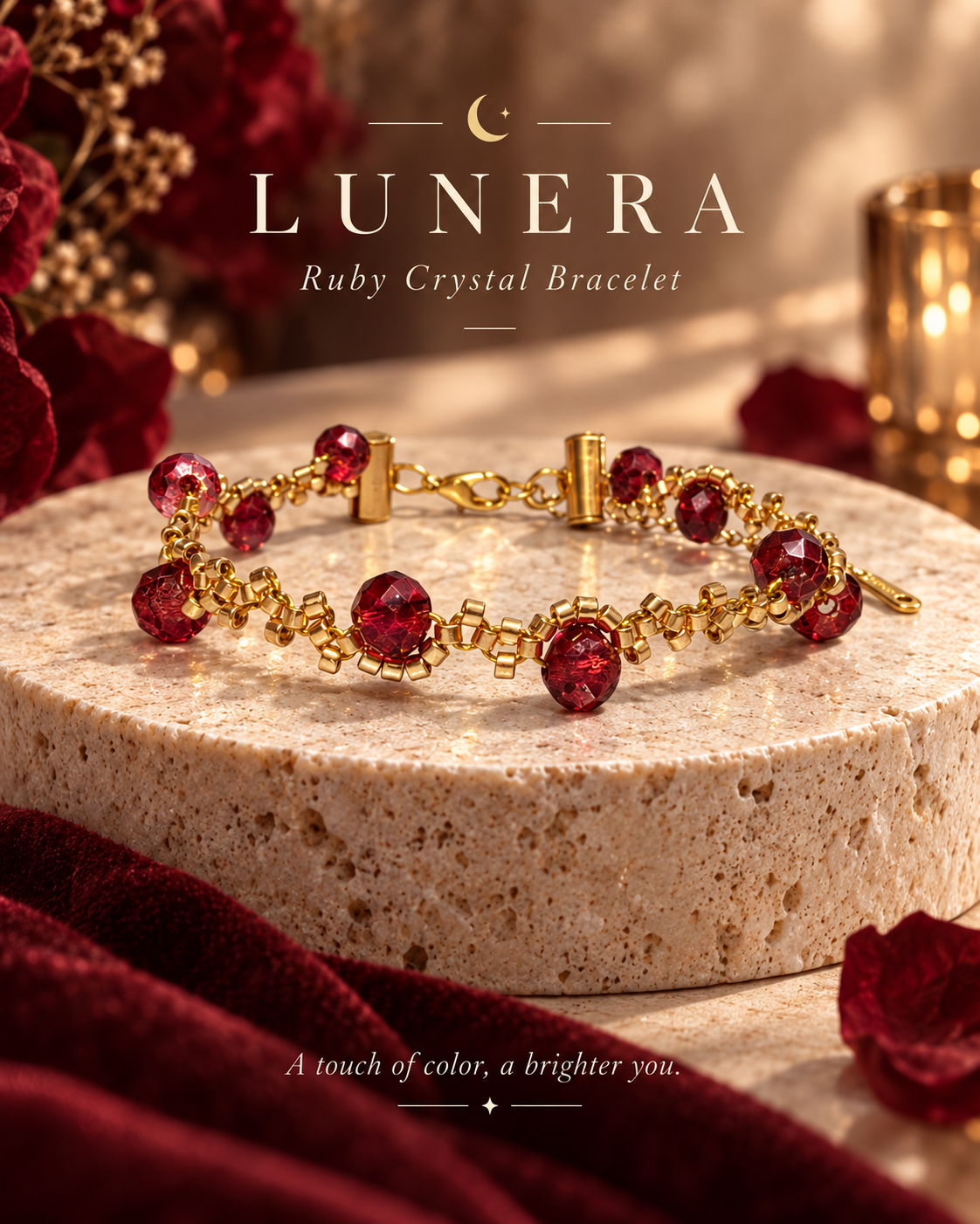 دستبند زنانه میوکی ژاپن و کریستال لونرا مدل     Scarlet Bloom — شکوفه سرخ